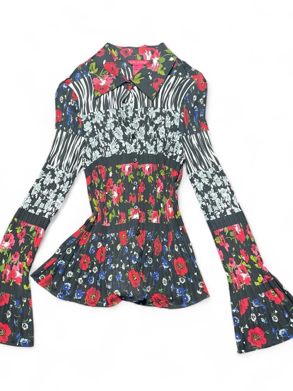 Vintage Colorful Sunny Leigh Black Floral Mix-Print Long Bell Sleeve Blouse